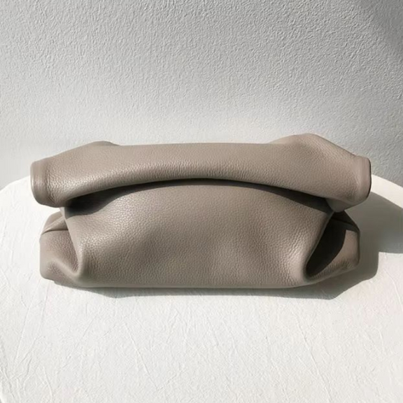Soft nude leather bag 31.5 x 18 cm, elegant women’s foldover clutch made of real leather
