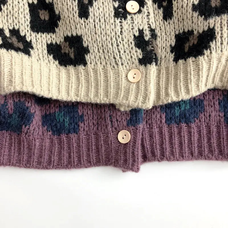 Leopard Print Sweater for Girls in Lilac and Khaki, stylish cotton sweater with front buttons, perfect for autumn, kids’ fashion, and everyday wear.