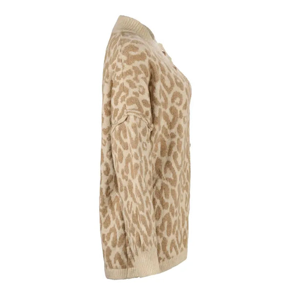 LeopardLux Cardigan for women featuring a luxurious leopard print, gold-colored buttons, and made from a soft wool blend. Elegant Italian-made cardigan perfect for casual and chic looks.