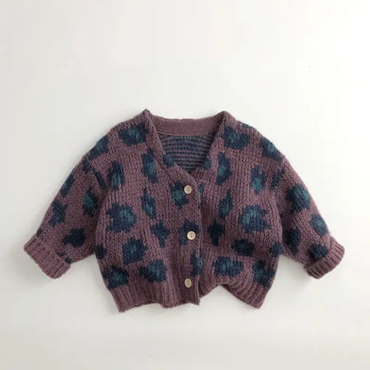 Leopard Print Sweater for Girls in Lilac and Khaki, stylish cotton sweater with front buttons, perfect for autumn, kids’ fashion, and everyday wear.