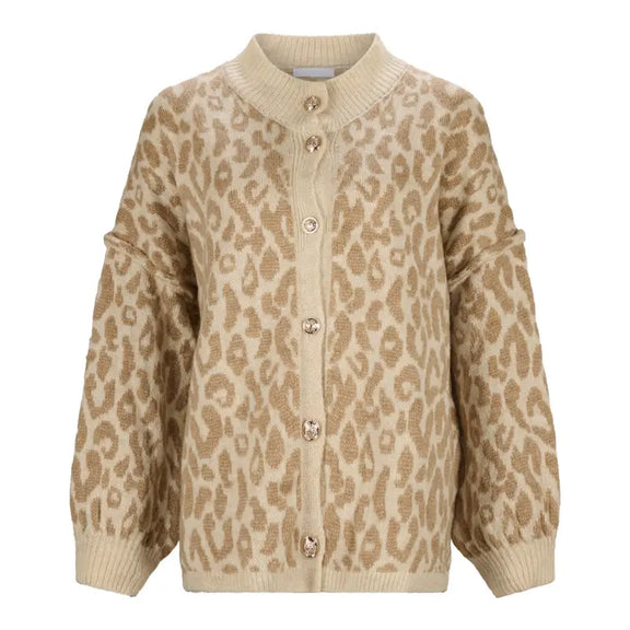 LeopardLux Cardigan for women featuring a luxurious leopard print, gold-colored buttons, and made from a soft wool blend. Elegant Italian-made cardigan perfect for casual and chic looks.