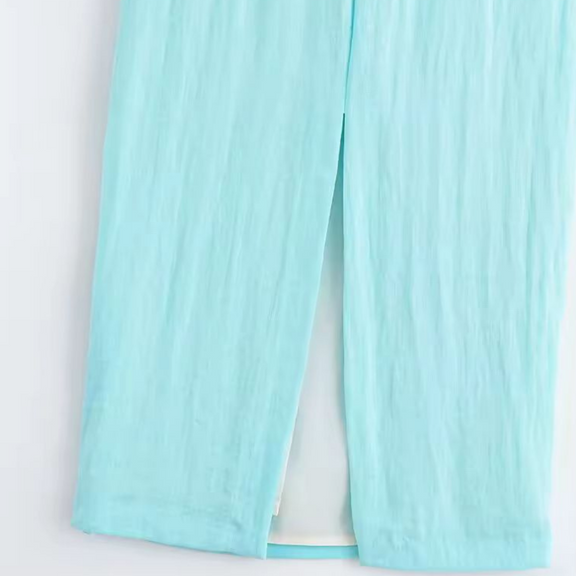 Breathable linen midi dress for women with soft side slit, turquoise fabric, casual summer dress, ankle length, flowy non-stretch texture