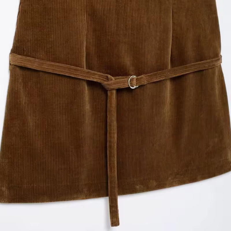 Corduroy fabric close-up – brown women’s mini dress Liora casual chic textured cord dress 2025