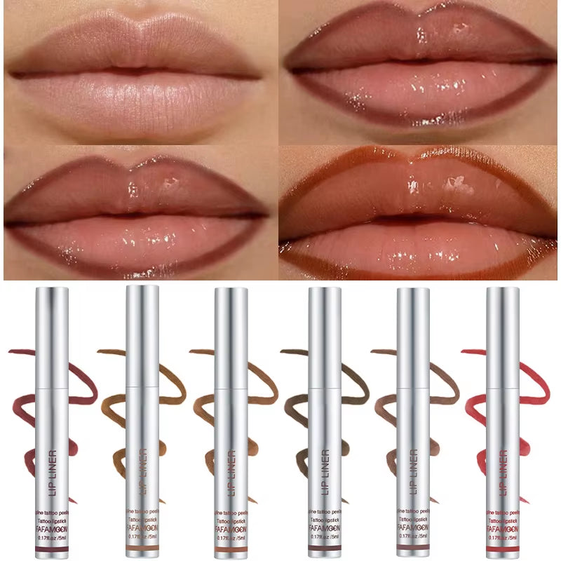 6 Color Waterproof Lip Liner & Peel-off Tattoo Lip Gloss for long-lasting lip definition and a lightweight, highly pigmented formula. Perfect for fuller-looking lips and effortless application.