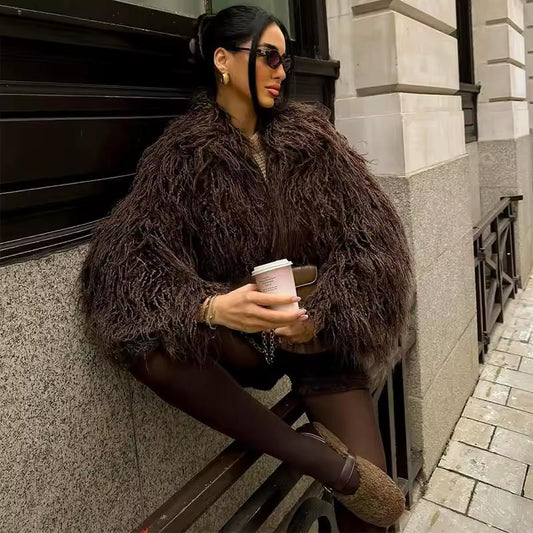 LIVORA oversized faux fur jacket women brown fluffy winter coat with O-neckline and short cut