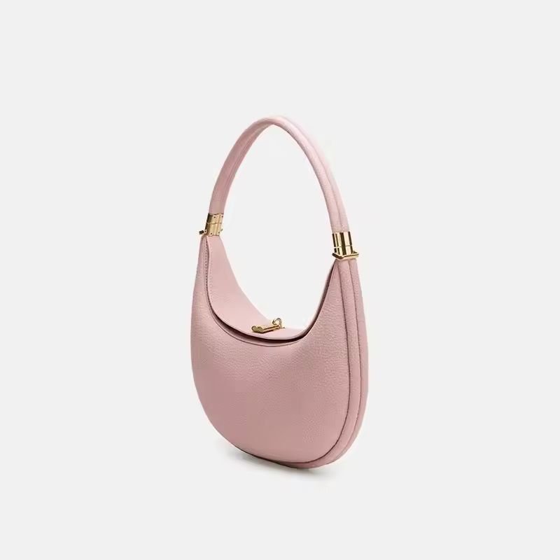 Blush pink genuine leather crescent moon handbag – luxury soft leather women’s shoulder and crossbody bag with gold accents
