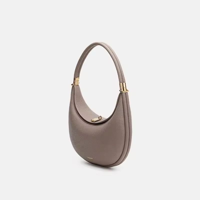 Luxury taupe brown genuine leather crescent handbag with gold accents – high‑end women’s shoulder and crossbody bag
