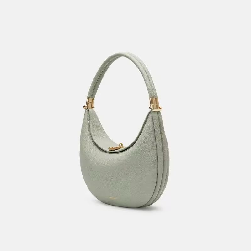 Genuine leather crescent moon shoulder bag in sage green with gold hardware – luxury designer handbag for women
