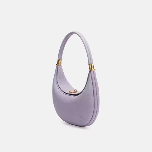 Lavender purple genuine leather moon bag with gold hardware – elegant luxury crescent shoulder handbag for women
