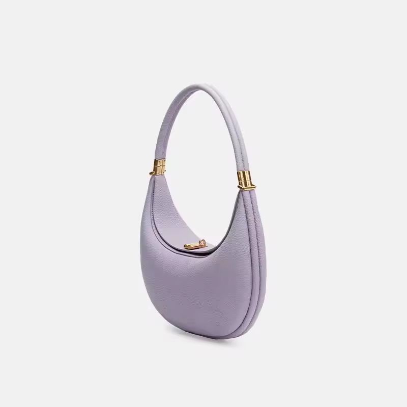 Lavender purple genuine leather moon bag with gold hardware – elegant luxury crescent shoulder handbag for women
