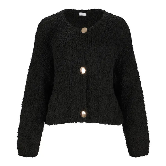 LuxBlend Black Cardigan for women with gold buttons, long sleeve, structured design, premium fabric blend including polyester, cotton, polyamide, acrylic, and wool. Made in Italy. Stylish office wear, casual chic cardigan, winter fashion, luxury sweater for women, versatile outerwear for business meetings and formal events.