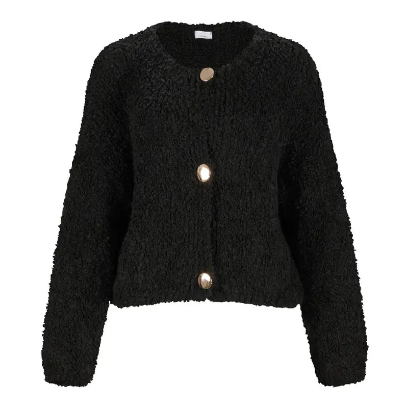 LuxBlend Black Cardigan for women with gold buttons, long sleeve, structured design, premium fabric blend including polyester, cotton, polyamide, acrylic, and wool. Made in Italy. Stylish office wear, casual chic cardigan, winter fashion, luxury sweater for women, versatile outerwear for business meetings and formal events