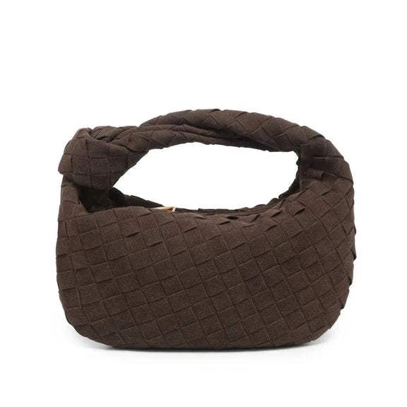 Luxe Weave Suede Handbag in rich brown color with elegant woven design.
  
