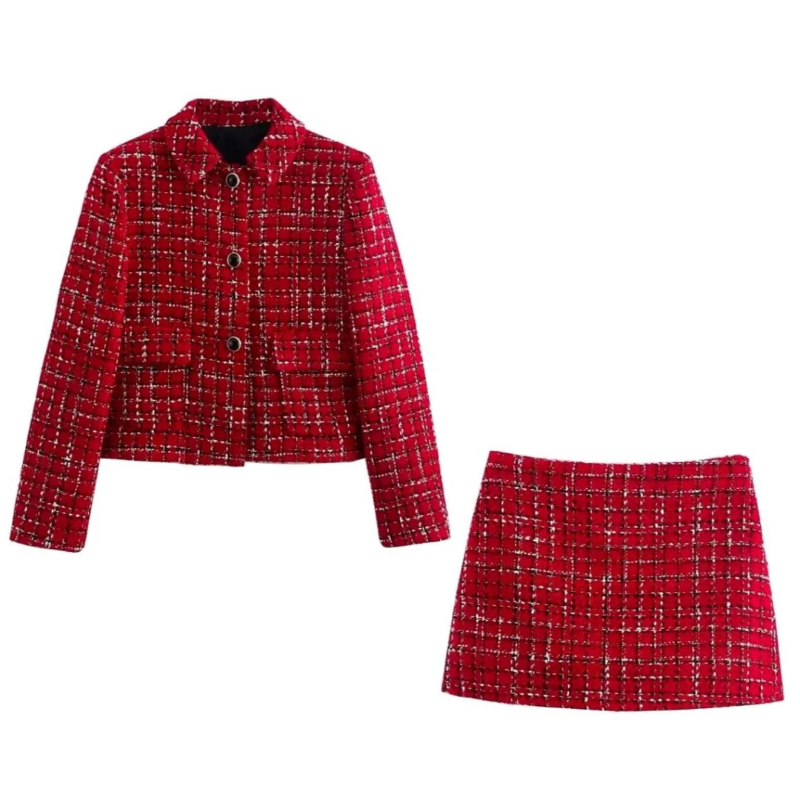 Elegant LuxeAura 2-piece women’s skirt set featuring a textured jacket and knee-length skirt, perfect for office wear, formal events, and city chic looks. Made from high-quality cotton and polyester, offering comfort and style for spring and summer fashion.