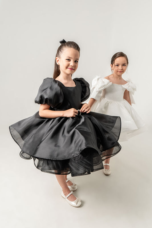 Elegant Black Tulle Dress for Girls – Puff Sleeves, Crystal Belt & Matching Bow  Party & Special Occasion Outfit by Chic and Charm