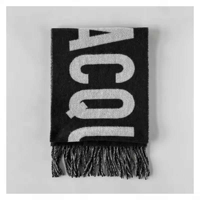 Luxury black wool scarf for women – Chic & Charm virgin wool monogram design with fringed ends
