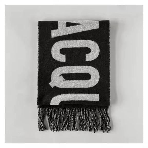 Luxury black wool scarf for women – Chic & Charm virgin wool monogram design with fringed ends
