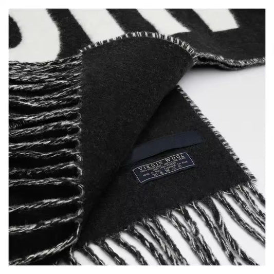 Luxury black wool scarf for women – Chic & Charm virgin wool monogram design with fringed ends

