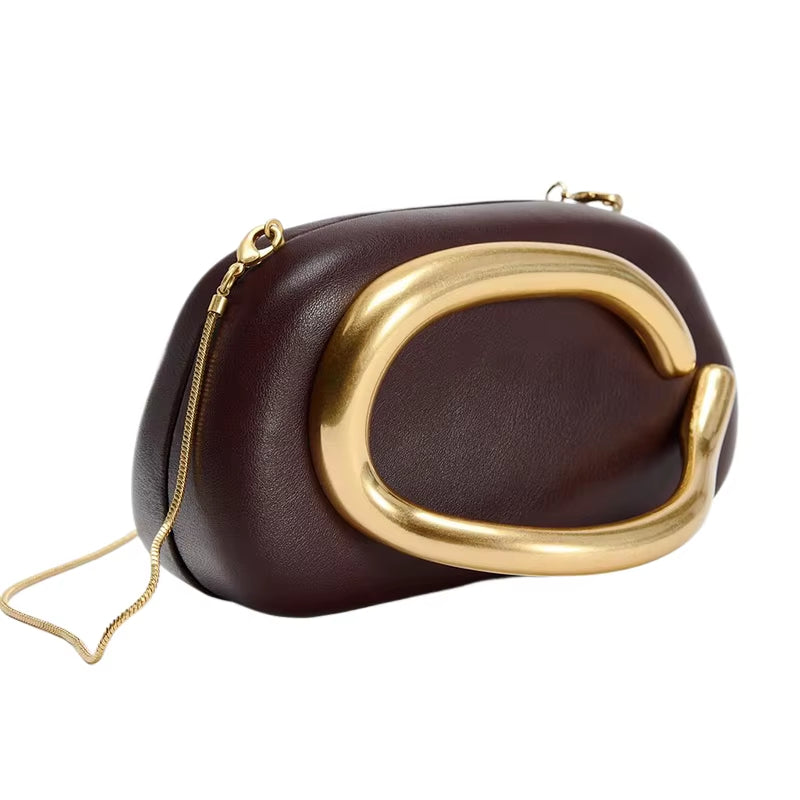 Luxurious women’s handbag in brown PU leather with elegant gold metal details and chain strap – perfect for evening wear, parties, weddings, or upscale everyday fashion.