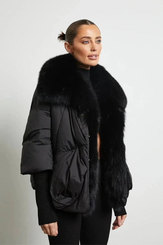Side profile of Maison de Fox women’s down jacket – real fox fur collar and tailored European fit.