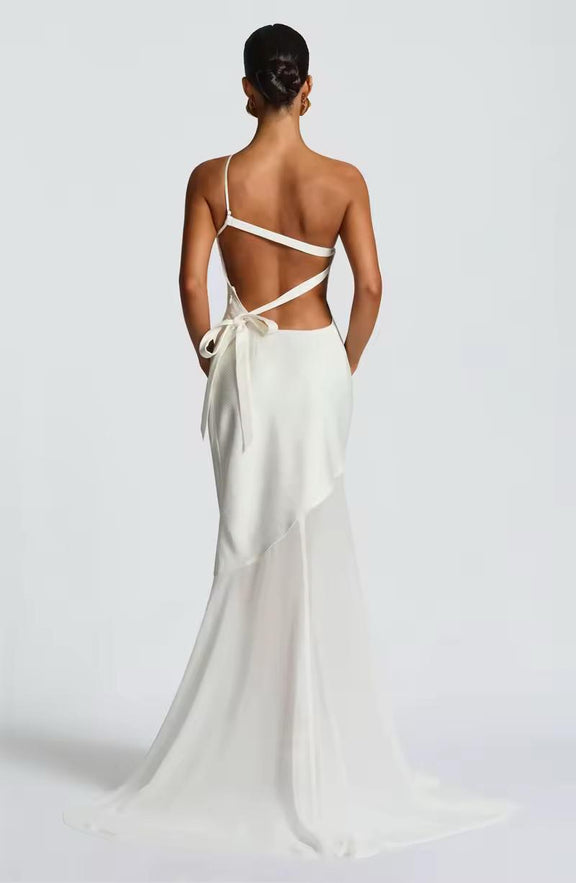 Modern bridal maxi dress with open back and tie detail