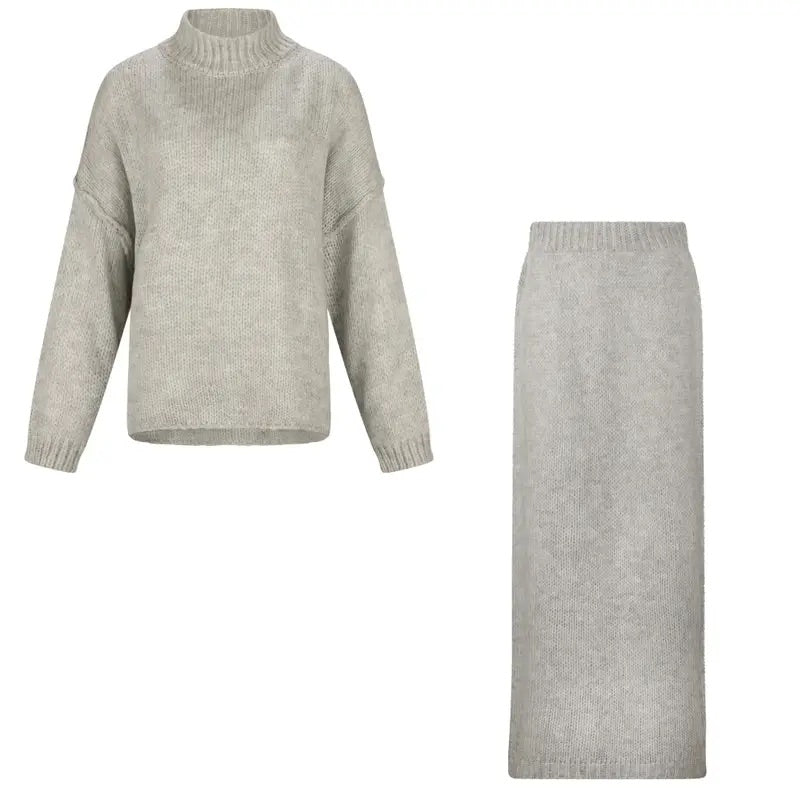 EleganceTrio women’s skirt and sweater set in beige, gray, and black, made from premium 40% mohair, 30% polyacrylic, 20% polyamide, and 10% wool. Stylish 2-piece outfit for women, perfect for winter and fall, offering versatile options for office looks, casual wear, or evening events. Made in Italy with high-quality craftsmanship.