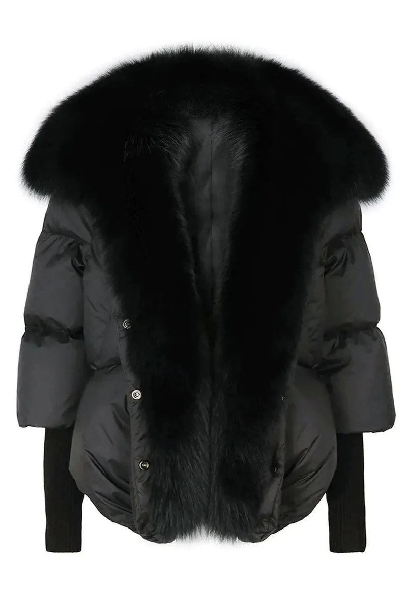 Maison de Fox luxury women’s down jacket with genuine fox fur collar – elegant front view of premium winter coat