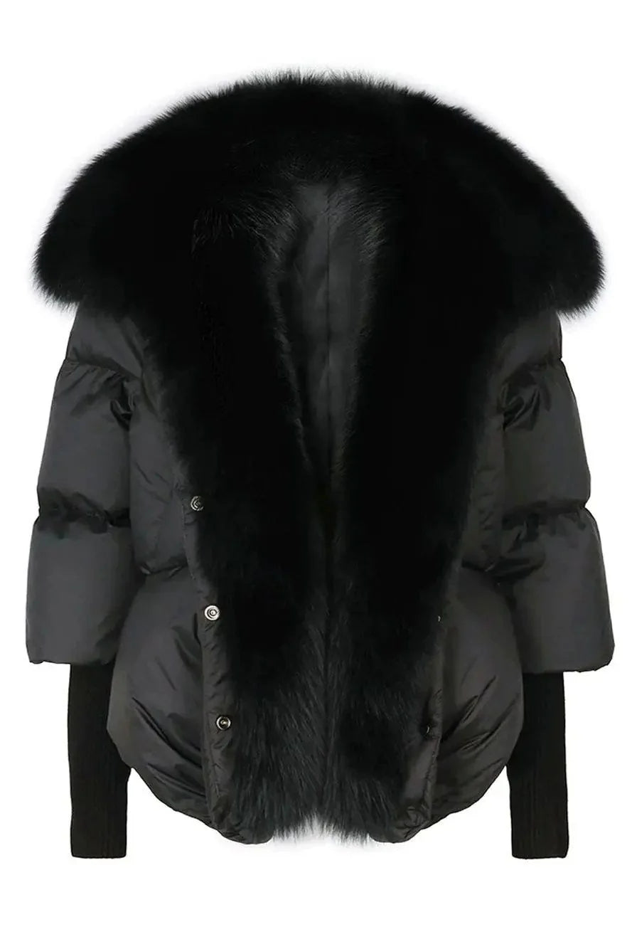 Maison de Fox luxury women’s down jacket with genuine fox fur collar – elegant front view of premium winter coat