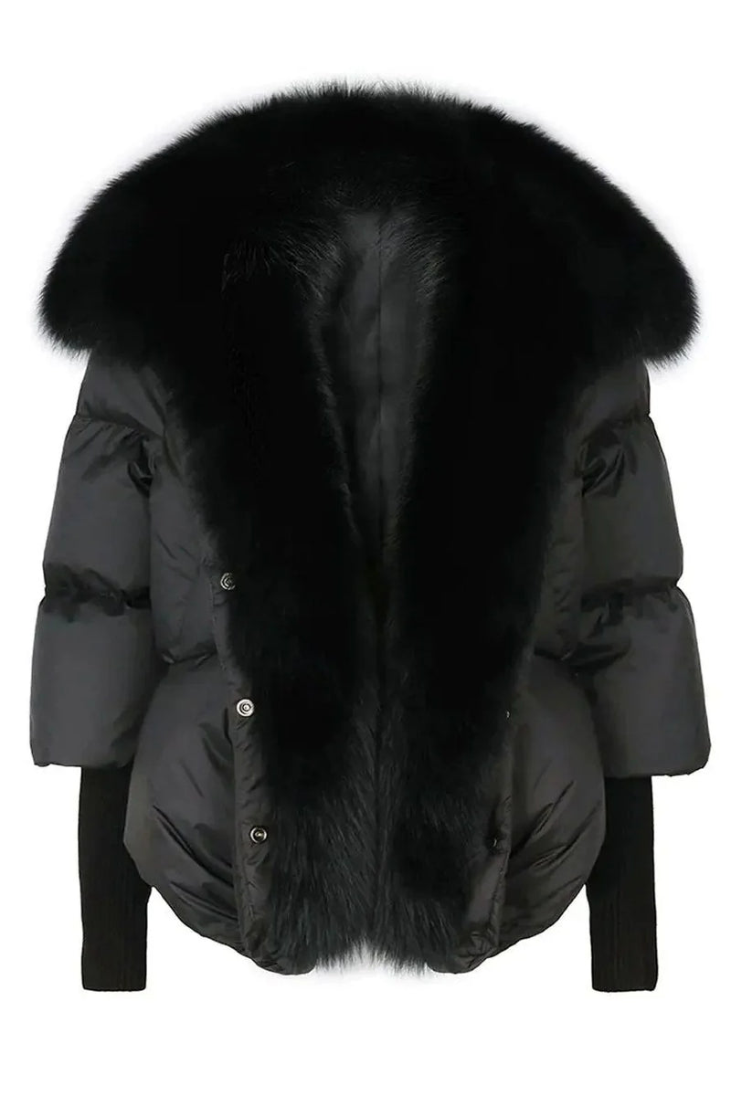 Maison de Fox luxury women’s down jacket with genuine fox fur collar – elegant front view of premium winter coat
