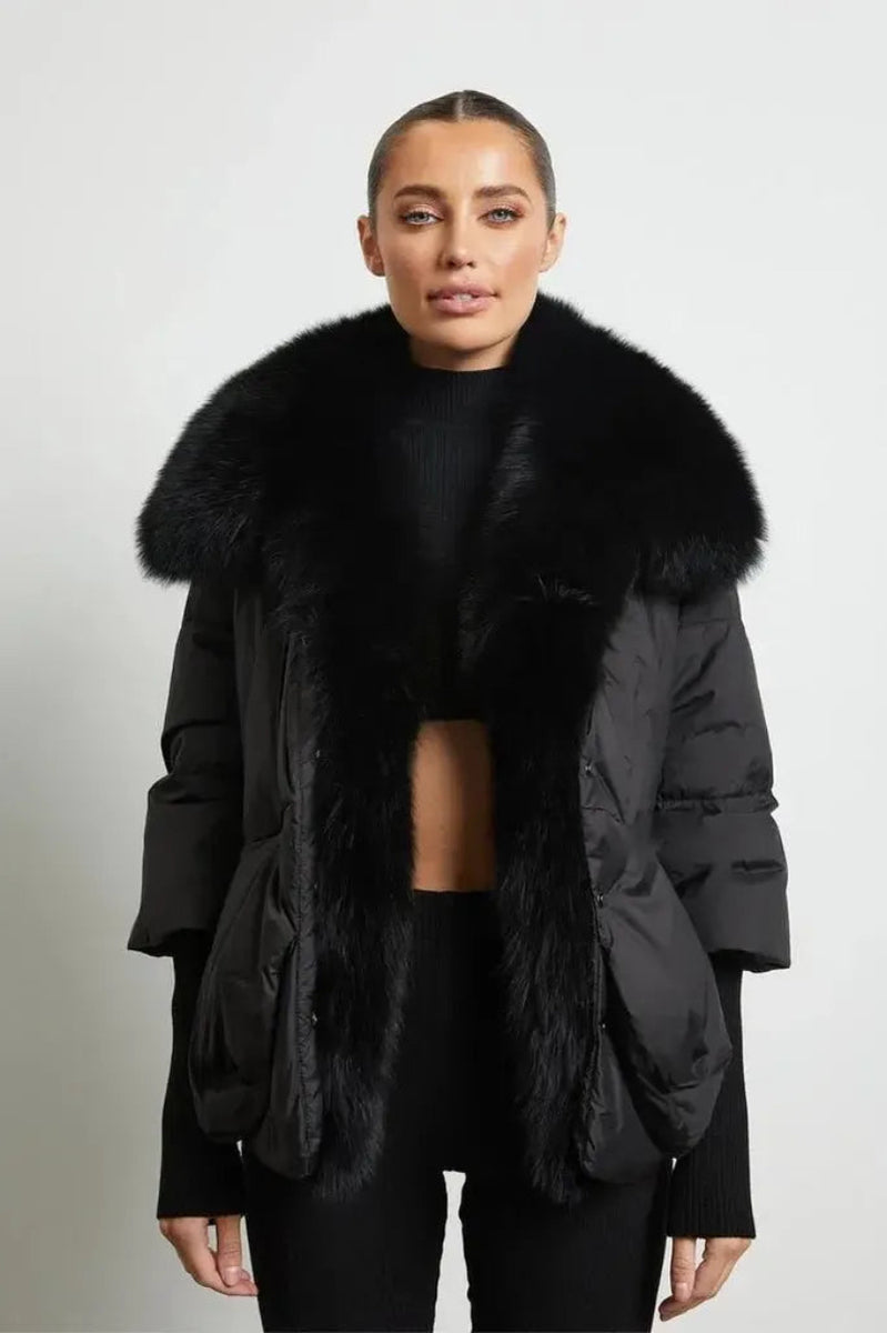 Maison de Fox luxury women’s down jacket with genuine fox fur collar – elegant front view of premium winter coat