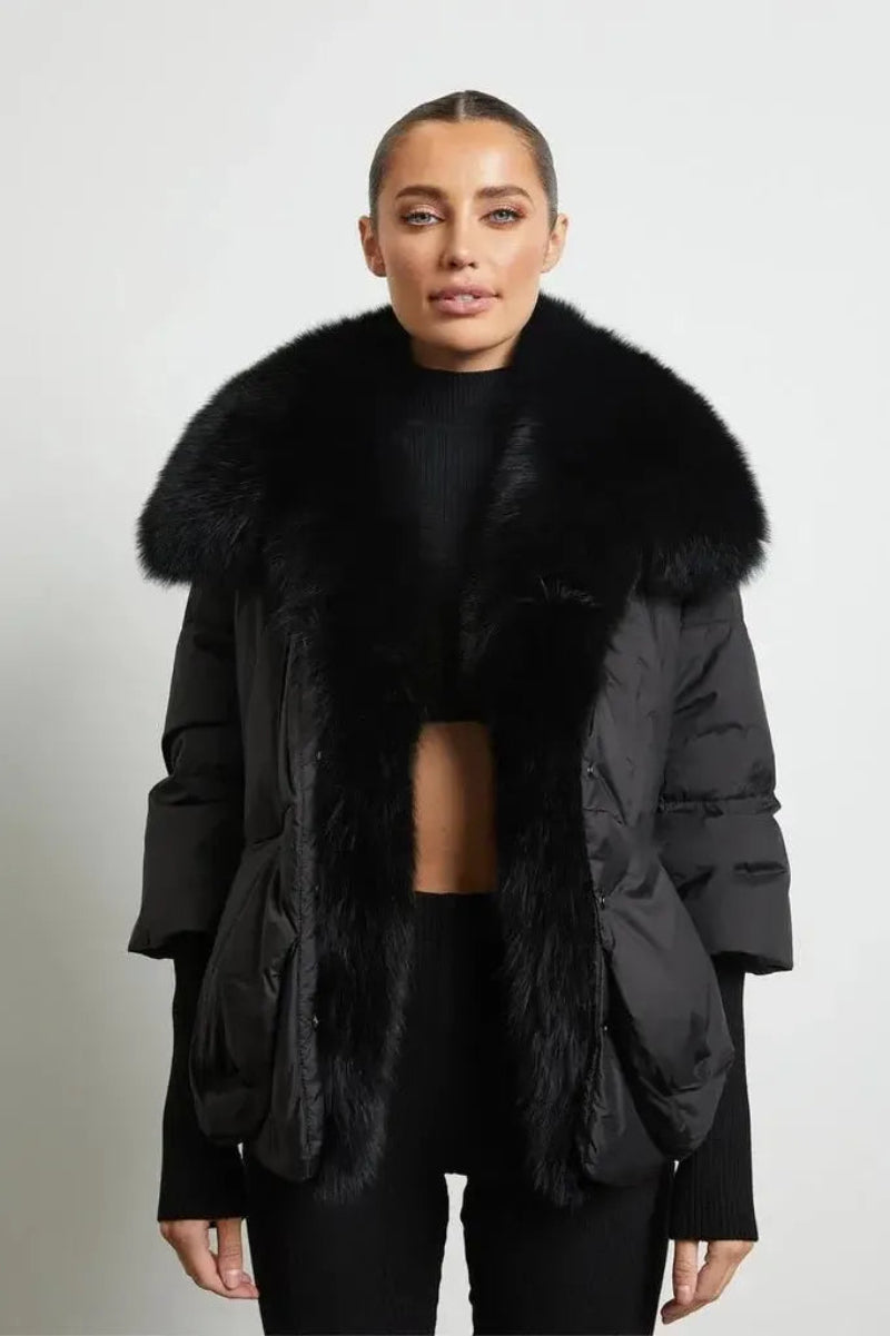 Maison de Fox luxury women’s down jacket with genuine fox fur collar – elegant front view of premium winter coat