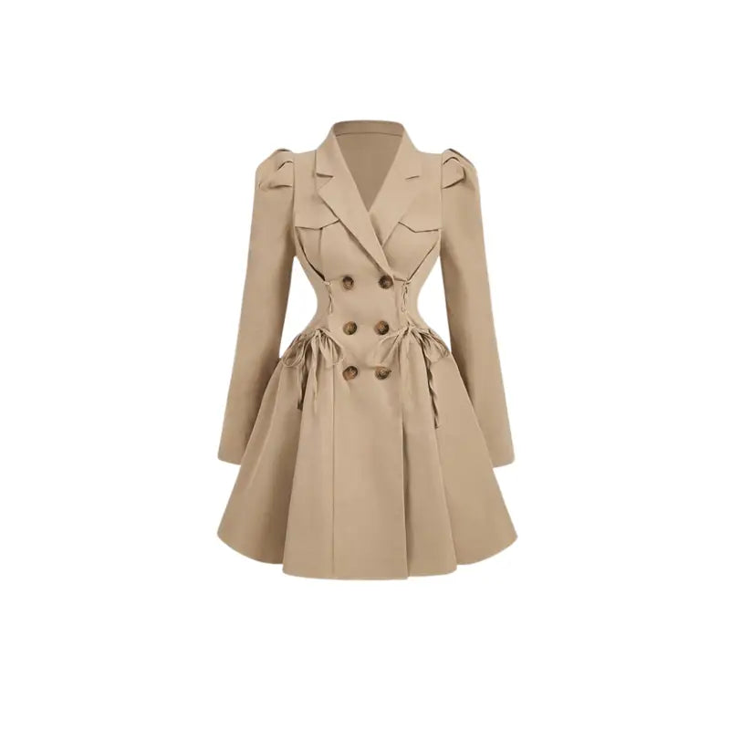 Mara midi blazer dress with padded shoulders, double-breasted design, faux pockets, and flat woven fabric for an elegant and stylish look.