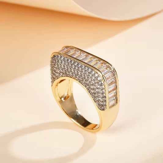 Elegant gold-plated zirconia ring with unique rectangular top design, Memoria Luxe fashion jewelry for women
