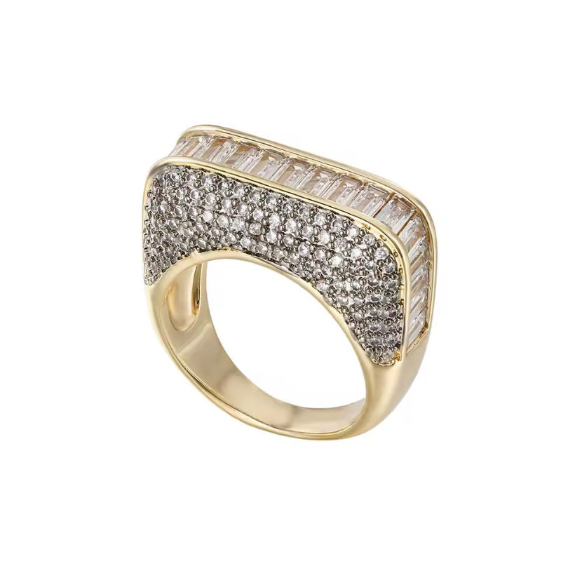 Memoria Luxe 18K gold plated copper ring with rectangular zirconia inlay, luxury women's statement jewelry
