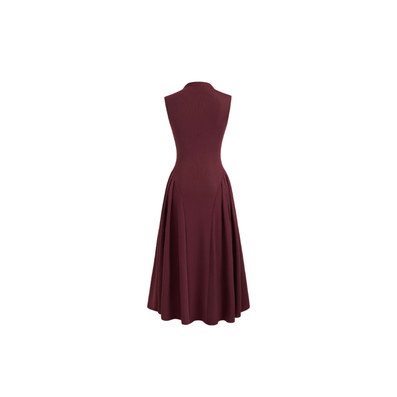 Sleeveless women’s midi dress in black or burgundy with high neck, fitted waist and flared skirt made of stretch fabric – elegant dress for office, everyday wear and special occasion