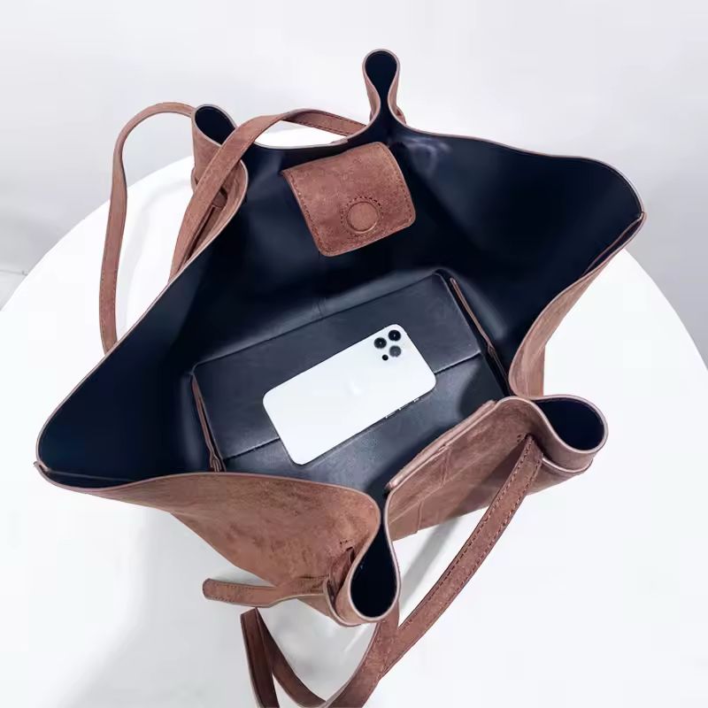 Interior of Milano Luxe Suede Tote – spacious large-capacity vegan suede tote with magnetic closure, fits phone, laptop and essentials