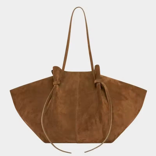 Milano Luxe Suede Tote – large brown vintage-style shoulder bag for women in vegan suede leather, luxury oversized tote front view.
