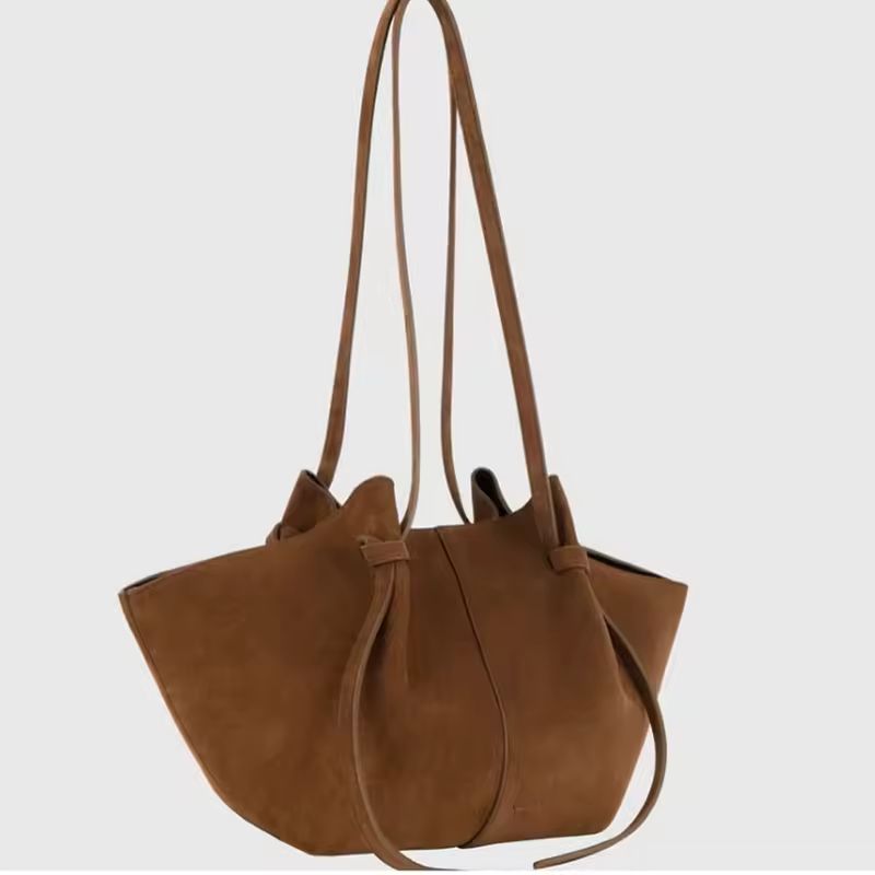 Luxury Milano Luxe Suede Tote bag in brown vegan suede leather, oversized vintage-style handbag side view
