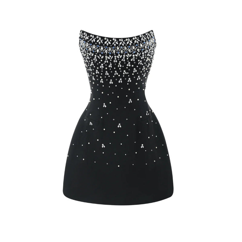 Éclat de Lune black mini dress with crystal embellishment and strapless hourglass silhouette.
