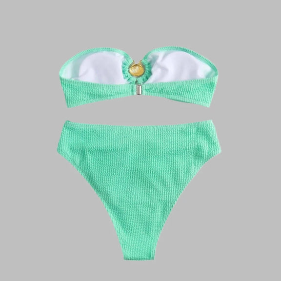 Luxury bikini in mint with gold shell clasp, bandeau cut, and ribbed fabric.