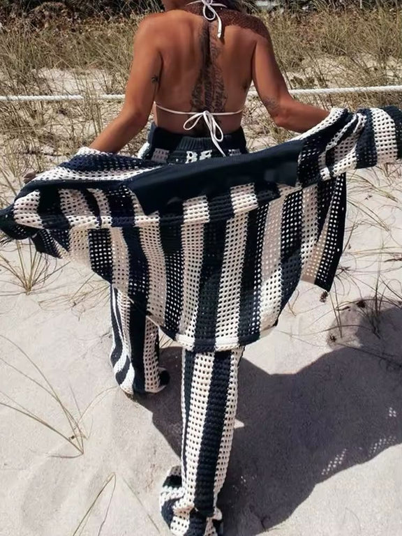 Mira Striped Knit Set for Women, V-Neck Top with Button Details & High-Waisted Wide-Leg Pants, Beige, Brown, Black, and White Stripes, Stylish Summer Lounge Wear, Casual Beach Outfit, Comfortable and Trendy.