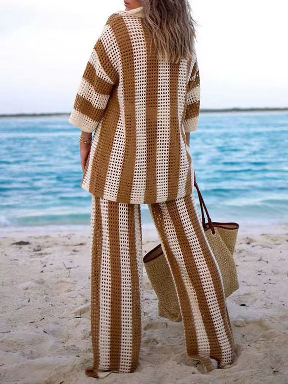 Mira Striped Knit Set for Women, V-Neck Top with Button Details & High-Waisted Wide-Leg Pants, Beige, Brown, Black, and White Stripes, Stylish Summer Lounge Wear, Casual Beach Outfit, Comfortable and Trendy.