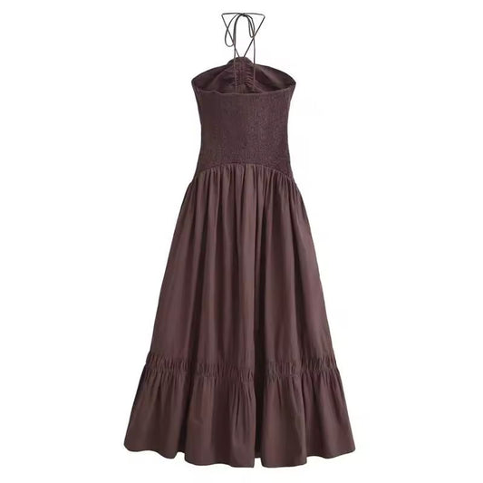 Elegant strapless mocha brown summer maxi dress with floral neck-tie detail, A-line silhouette, and ankle-length flow – lightweight non-stretch polyester, ideal for city days, beach cafés, vacations, and warm-weather events.