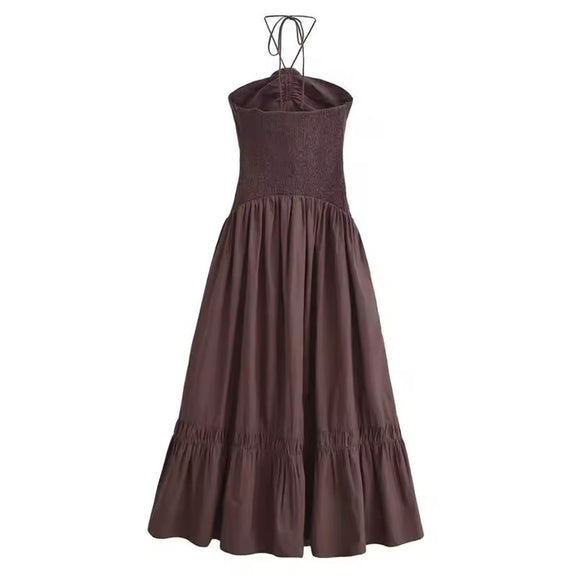 Elegant strapless mocha brown summer maxi dress with floral neck-tie detail, A-line silhouette, and ankle-length flow – lightweight non-stretch polyester, ideal for city days, beach cafés, vacations, and warm-weather events.