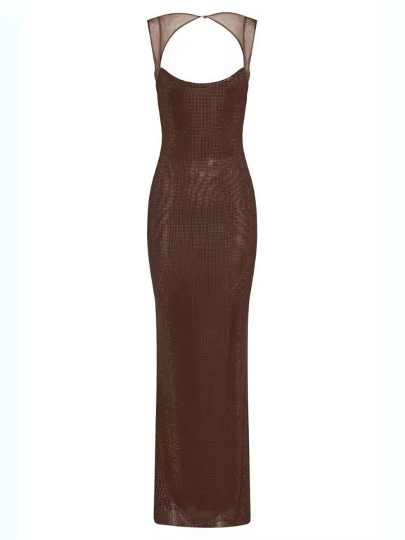 Mocha brown glitter maxi dress with straps – elegant body-hugging hot diamond gown for weddings, parties or cocktail nights.