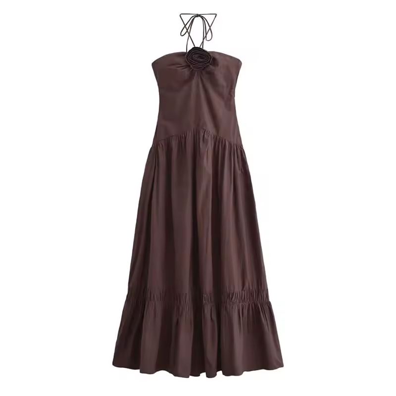 Elegant strapless mocha brown summer maxi dress with floral neck-tie detail, A-line silhouette, and ankle-length flow – lightweight non-stretch polyester, ideal for city days, beach cafés, vacations, and warm-weather events.