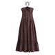 Elegant strapless mocha brown summer maxi dress with floral neck-tie detail, A-line silhouette, and ankle-length flow – lightweight non-stretch polyester, ideal for city days, beach cafés, vacations, and warm-weather events.
