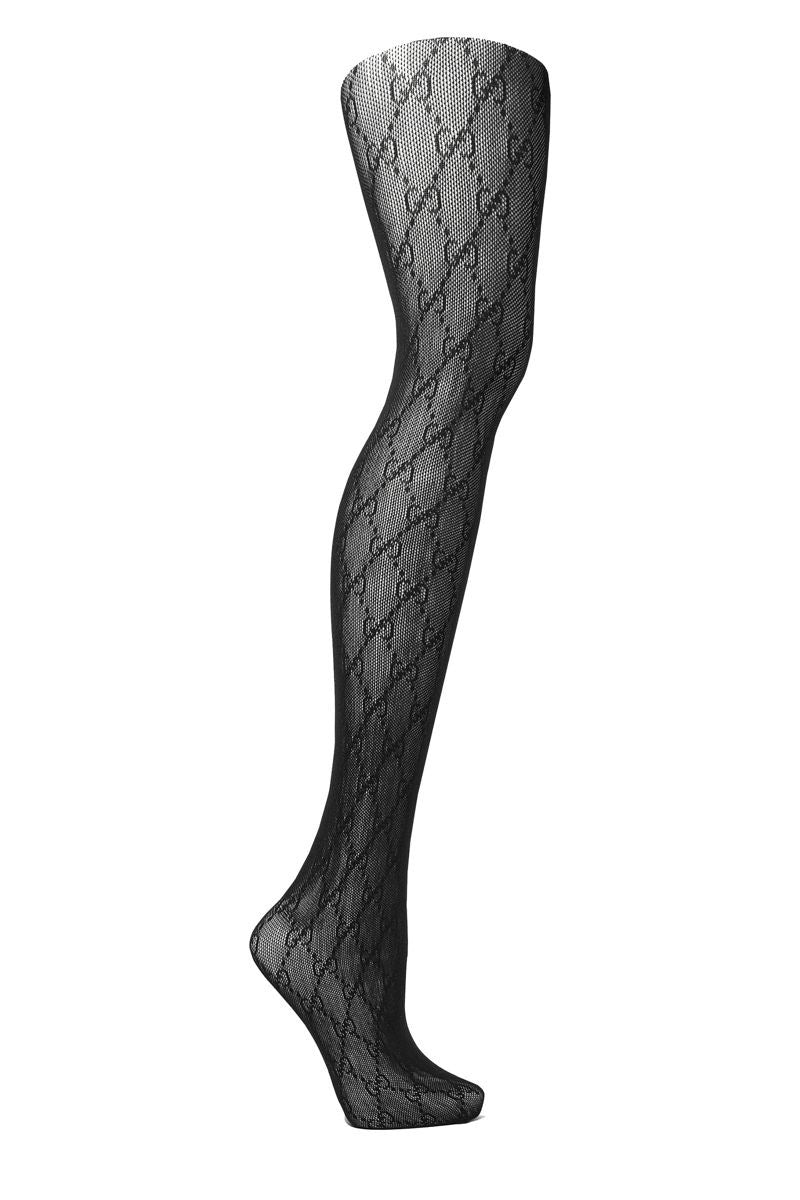 Elegant black monogram mesh tights with geometric pattern — sheer luxury pantyhose for women.
