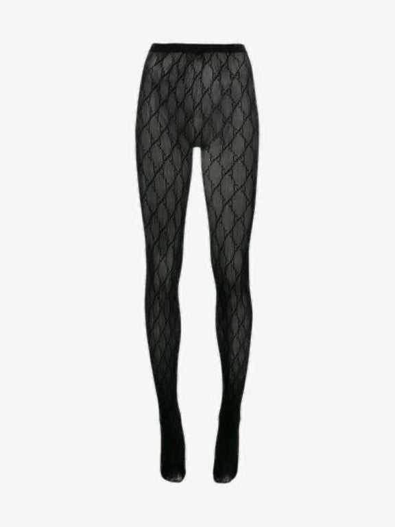 Close-up of black monogram mesh pattern on fine fishnet fabric — elegant and sophisticated design.
