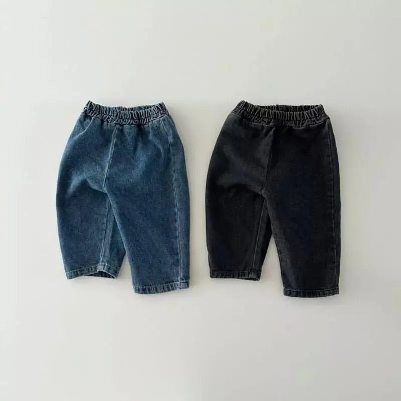 Chic Charm Unisex Baby Jeans in blue and black with a straight cut, elastic waistband, perfect for comfortable everyday wear for boys and girls.